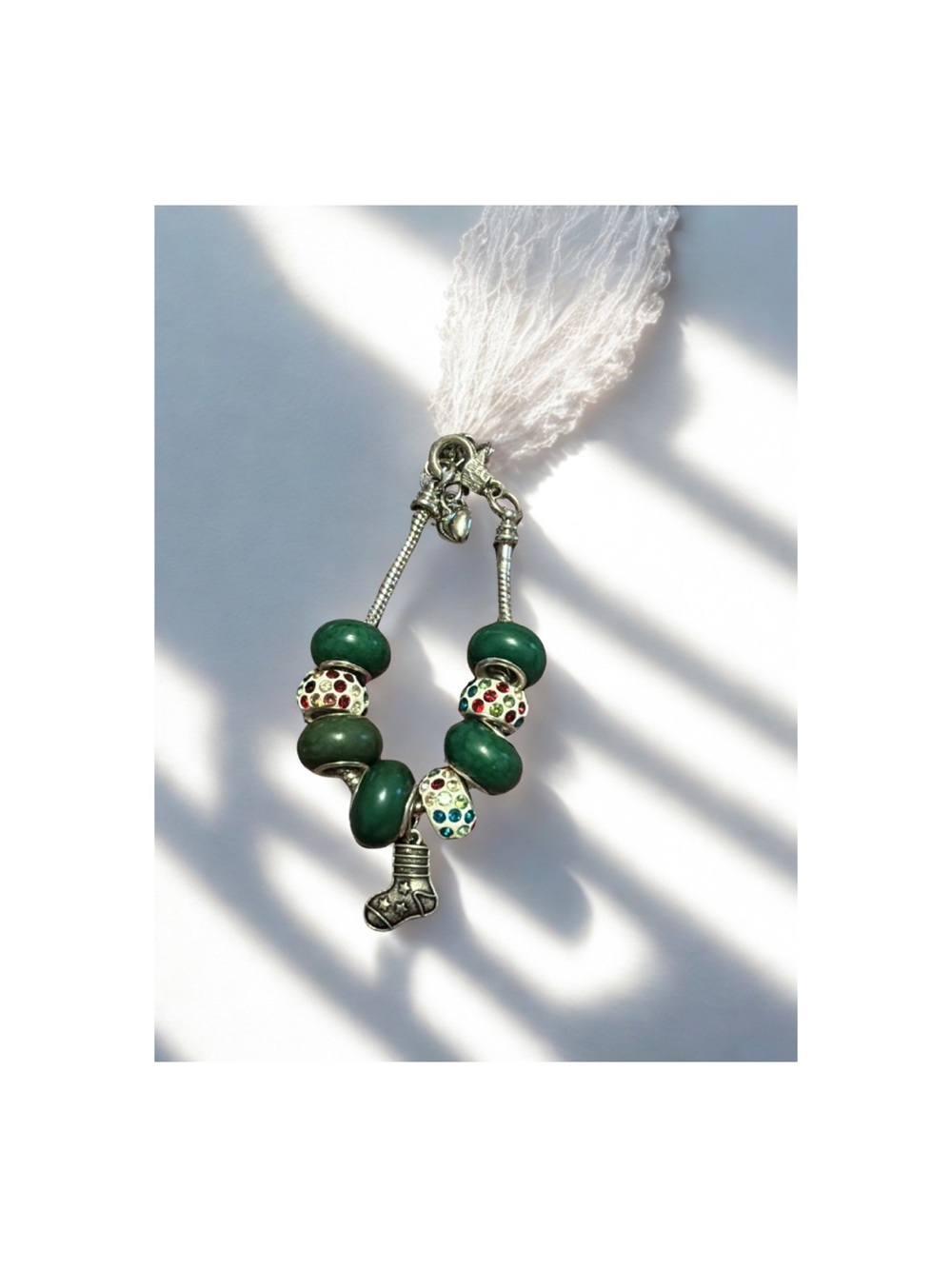 Green Beaded Charm Bracelet with Silver Accents